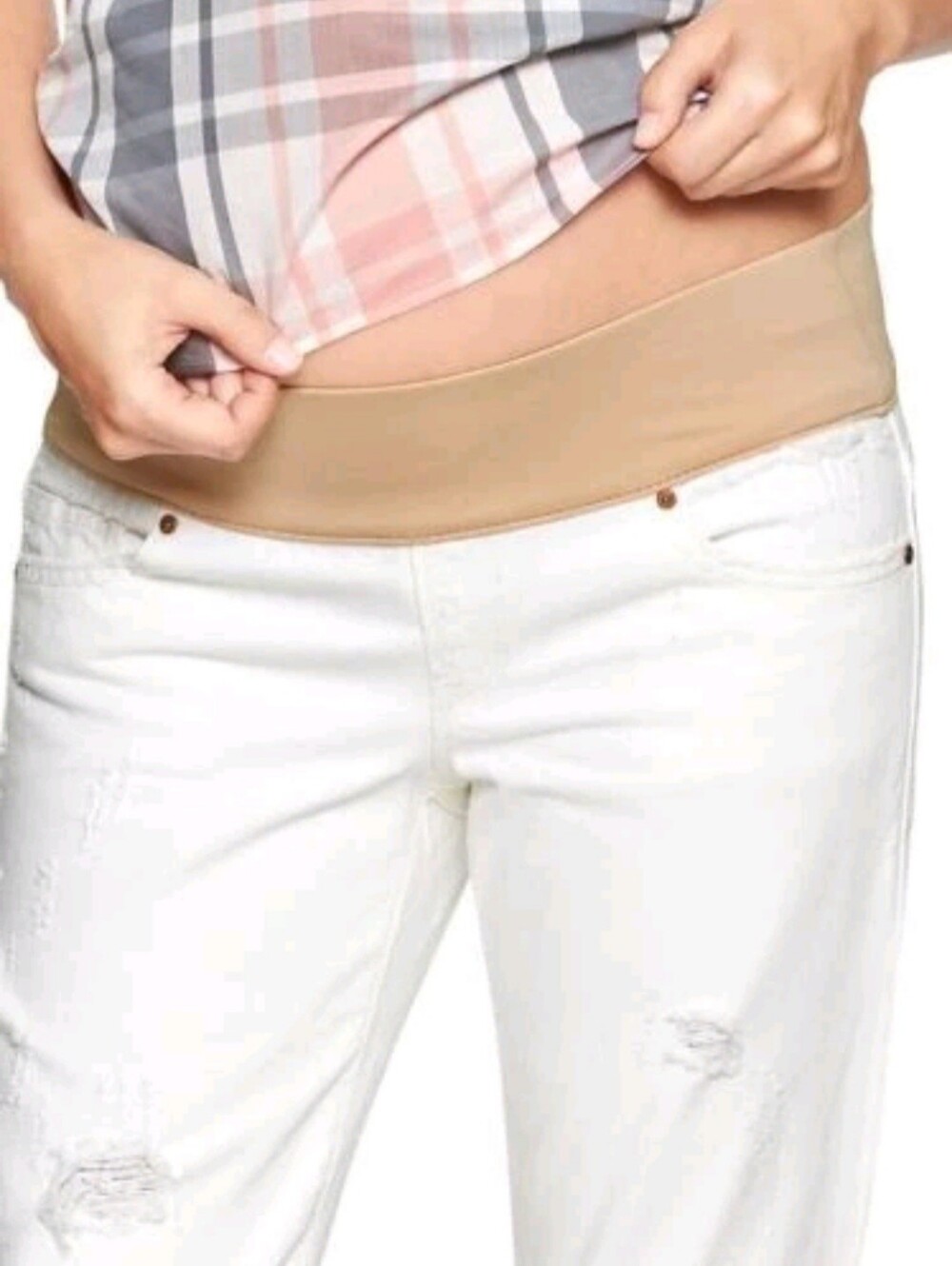 GAP 1969 Stretch Maternity Distressed Jeans Demi Panel Beige Waistband 4/27
